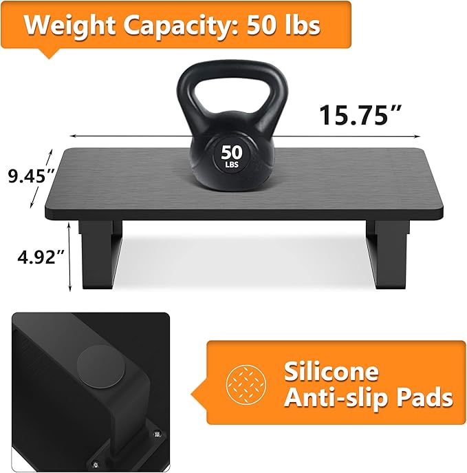 Monitor Stand Riser with 50 LB Capacity, Stable Wood Computer Monitor Stand for Desk Organizers, Computer Riser Monitor Shelf for PC Laptop Notebook Printer Computer iMac, 1-Step Installation, Black