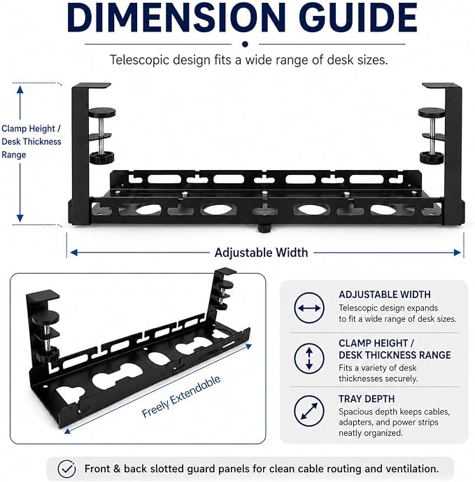 No Drill Under Desk Cable Management Tray, Adjustable 17.6"-27.4" Clamp-On Metal Cable Tray for Power Strip, Under Desk Cord Organizer and Wire Management Holder for Standing Desk, Gaming Desk, Office