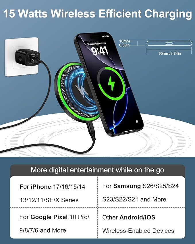 Wireless Charger Samsung S26, 15W Android Wire Less Charging Pad for Galaxy S25 Ultra S25+ S24, Fast Charging Station with Block for Google Pixel 10 Pro XL/9a Android iPhone 17 16 Cargador inalámbrico