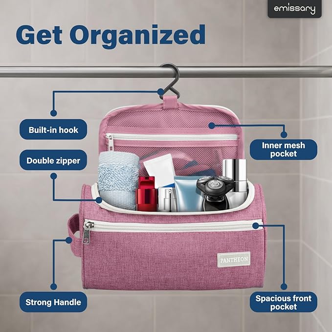 emissary Travel Hanging Toiletry Bag, Lightweight Travel Makeup Organizer for Women, Waterproof Cosmetic Makeup Bag Organizer with Hanging Hook for Accessories,Essentials, Toiletries, Pink