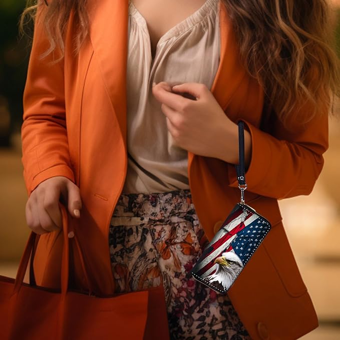 Wallet,Leather Long Wallet Suitable For Ladies And Teenagers - Detachable Wristband + RFID Travel Wallet With Card Slot - Bald Eagle American Flag