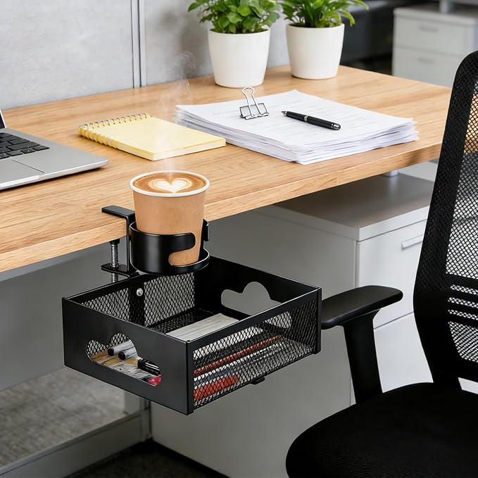 MYITYARD Desk Cup Holder Clamp, Anti-Spill Clip On Table Cup Holder with Rotation Drawer Organizer, Under Desk Storage Box Drink Holder for Desk Attachment, Gaming Desk Accessories for Office Home