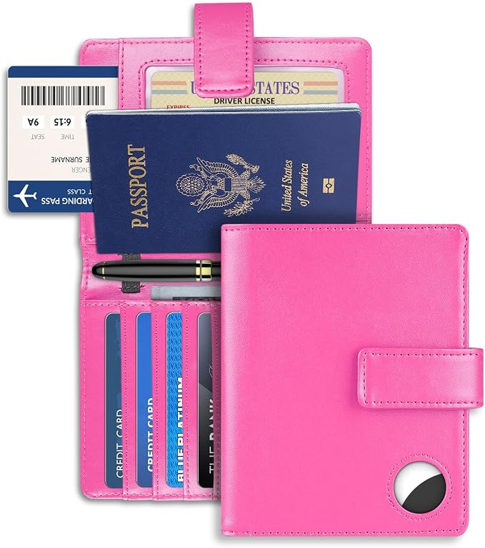 Passport Holder Wallet Cover Case for Women and Men,RFID Blocking,Passport Case with AirTag Slot,Travel Accessories (Pink)