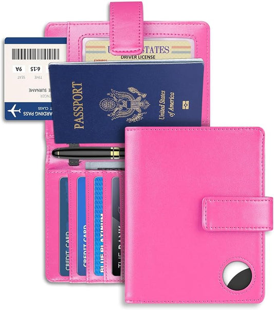 Passport Holder Wallet Cover Case for Women and Men,RFID Blocking,Passport Case with AirTag Slot,Travel Accessories (Pink)