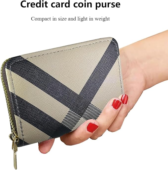 Ladies change card bag, zip storage bank card case, small portable 11 large capacity pouch, holds banknote change credit card(Striped grey)