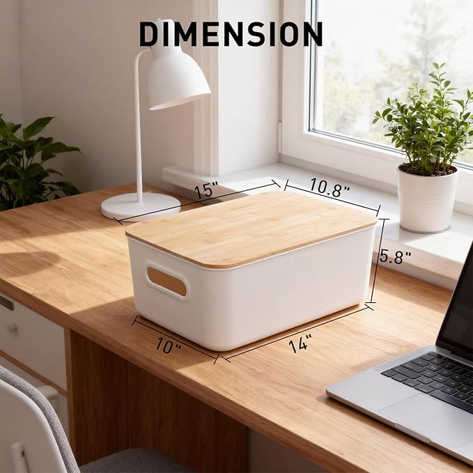 Citylife Storage Bins with Bamboo Lids 16QT Plastic Storage Containers Stackable Organizer Boxes with Handle for Desk Snacks, Toys, 2 PCS, 15" L x 10.6" W x5.8 H