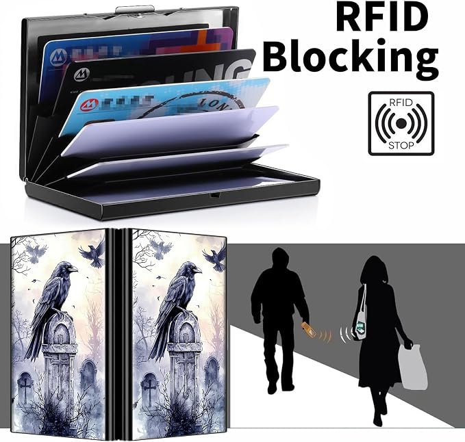 Metal Wallet, Credit Card Holder for Women Men Girls, RFID Blocking Aluminum Wallet Slim Hard Case, Mini Travel Wallet, ID Card Holder Business Card Case,Art Raven