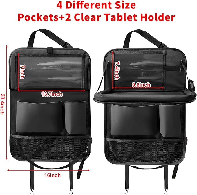 Car Backseat Organizer with Tablet Holder, 6 Storage Pockets Foldable Table Tray Seat Back Protectors Kick Mats Travel Accessories, 2 Pack Black