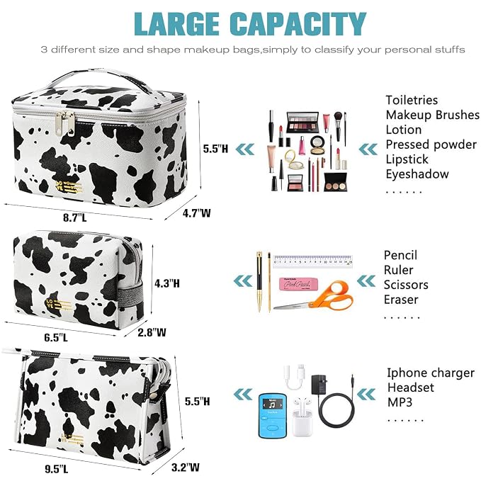 FITINI 3 Pack Makeup Bag Cows Travel Large Toiletry Bag Portable Cosmetic Organizer Pouch with Small Brush Storage Case Gold Zipper Waterproof for Women and Girls,White