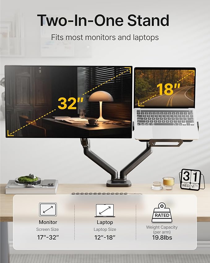 monTEK Laptop Arm Mount for Desk for Max 32” Screen and 18” Notebook, Dual Monitor Stand with Adjustable Laptop Holder, Holds up to 19.8 lbs, Full Motion Arm with Clamp/Grommet Base, 75/100 VESA Mount