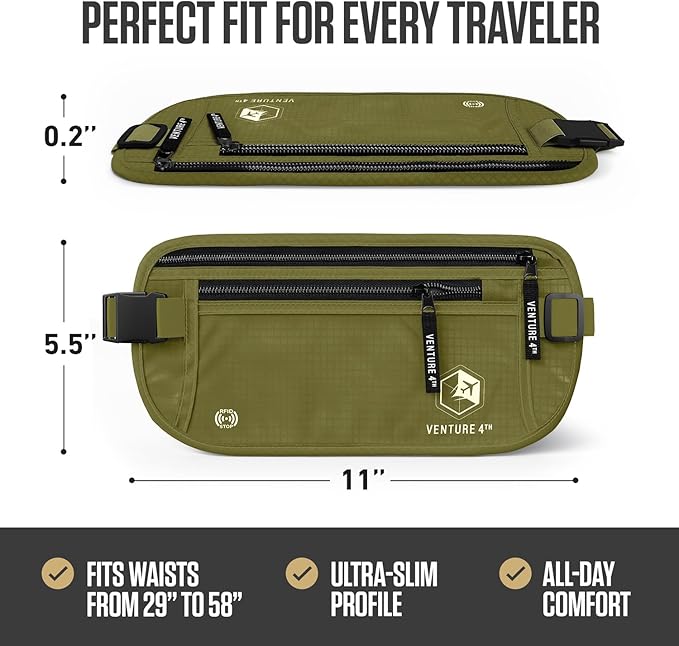 VENTURE 4TH Money Belt for Travel – Hidden Under-Clothes RFID Blocking Passport Holder & Slim Travel Wallet Pouch for Men & Women to Protect Cash, Cards & Documents (Green)