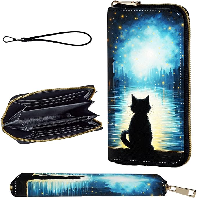 Wallet,Leather Long Wallet Suitable For Ladies And Teenagers - Detachable Wristband + RFID Travel Wallet With Card Slot - Black Cat