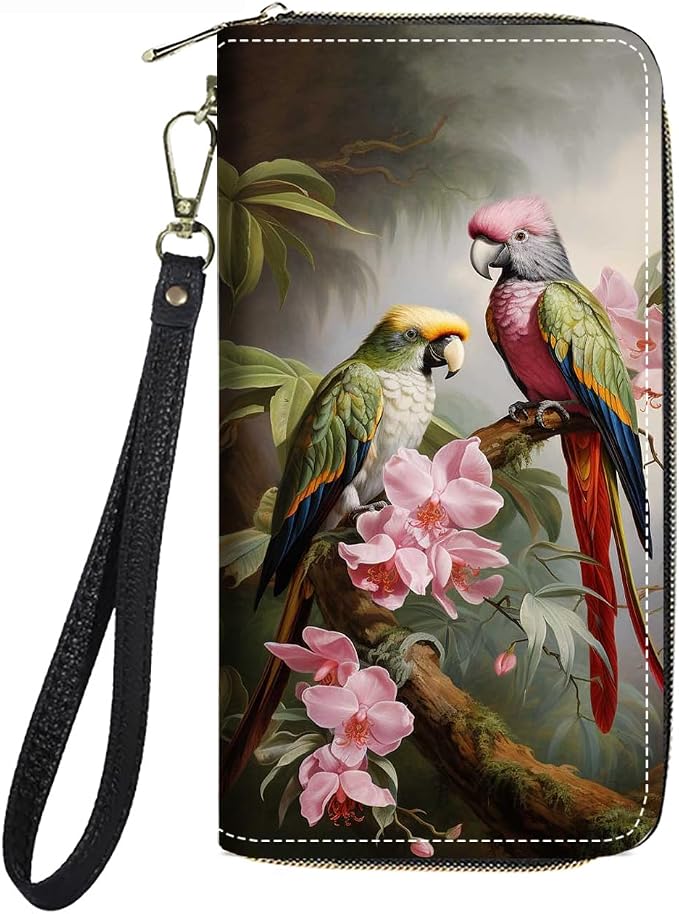 Women's Large Capacity Wallet PU Leather Zip Around Clutch Purse Multifunctional Wallet with Removable Wristlet Strap for Smart Phone/Coin/Card/Cash, Parrot