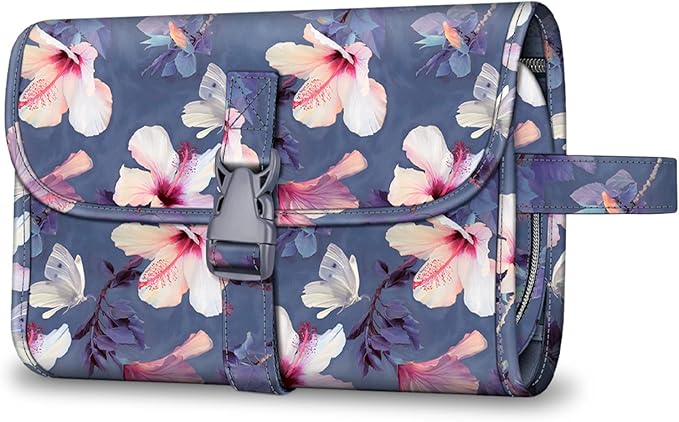 Fintie Portable Toiletry Cosmetic Travel Bag, Large Water Resistant Hanging Makeup Organizer Storage Pouch Case for Women Girls (Blooming Hibiscus)