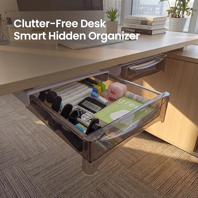Under Desk Drawer 2-pack from 2B Neat - Self Adhesive Hidden Drawers - Heavy Duty Plastic - Easy Installation - Under Shelf Desk Organizer for Office and Schools Supplies