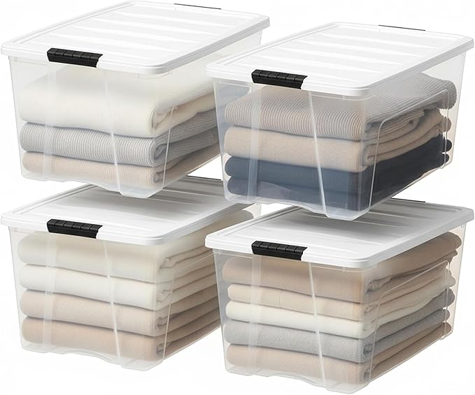 IRIS USA 72 Qt Stackable Plastic Storage Bins with Lids, 8 Pack - BPA-Free, Made in USA - See-Through Organizing Solution, Latches, Durable Nestable Containers, Secure Pull Handle - Clear/White