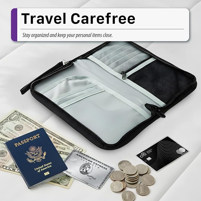 Fosmon Passport Bag, RFID Blocking Travel Document Organizer, Black | Polyester material, slim RFID-blocking wallet, compact 9.8x1x5.5 inches, for airplane travel, unisex.