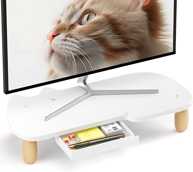 AFOOYO Monitor Stand Riser,Cat-Shaped Sturdy Wood Computer Monitor Stand, Monitor Stand Riser, Multi-Purpose Desktop Organizer Riser for Computer,Laptop,Printer,TV,White