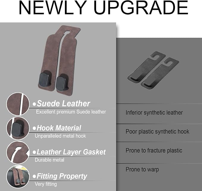 Car Seat Hooks for Headrest, Car Purse Hook & Back Storage Hook, Zinc Alloy & Suede Material Heavy Duty Car Hooks for Purses and Bags,Universal Fit for Most Vehicles (Brown-2 Pack)