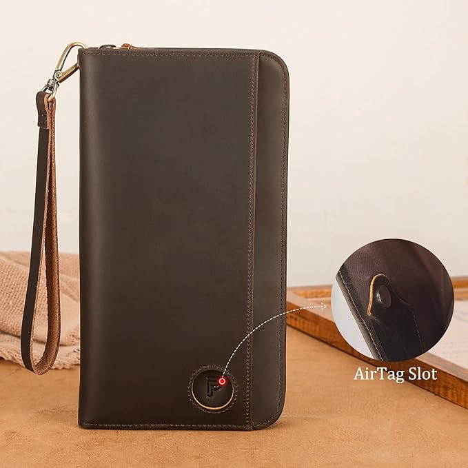 Polare Full Grain Leather Family Passport Holder Travel Documents Organizer RFID Blocking Wallet with Coin Pouch and AirTag Slot Fits 6 Passports