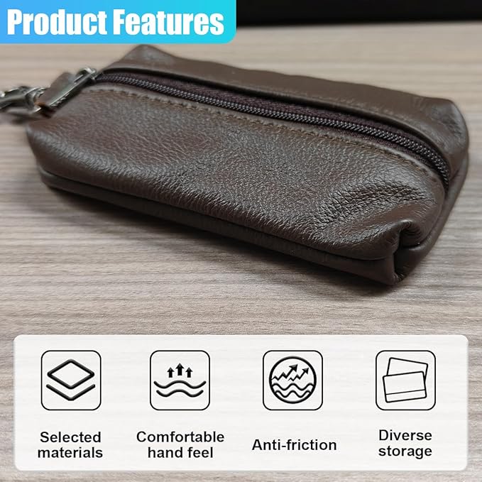 Leather Car Key Case Holder, Auto Smart Key Fob Protector Pouch with Zipper, Universal Unisex Keychain Wallet (Coffee)