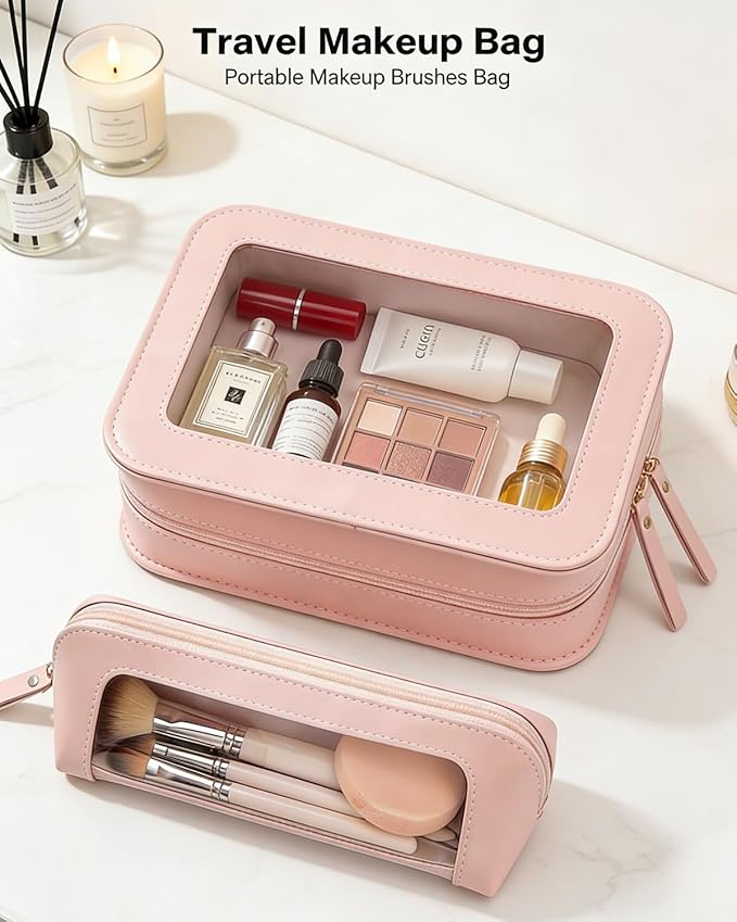 LETGO 2Pack Clear Makeup Bags Set, Clear Travel Makeup Brush Holder, Portable Leather Travel Toiletry Bag Pink Car Accessories for Women