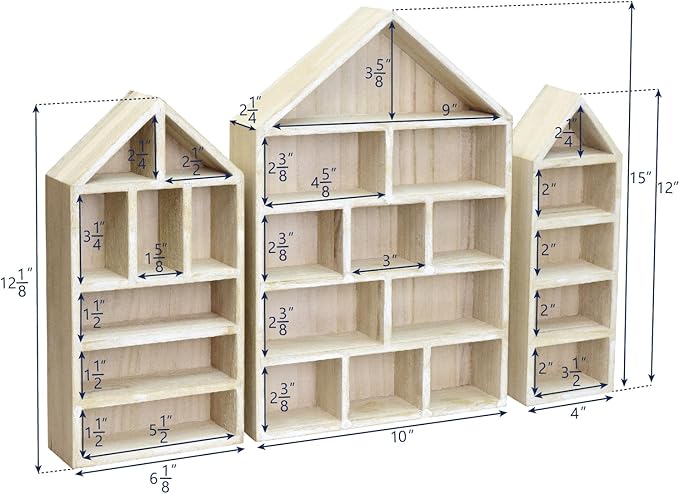 Ikee Design House-Shaped Wooden Shadow Cubby Box Display Shelf Organizer Storage Shadow Box for Mini Figures, Set of 3, Wash White Color, 10 W x 2 1/4 D x 15 H in
