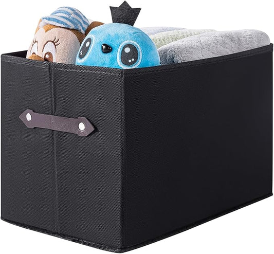 1 Pack Large Collapsible Storage Baskets for Shelves,14.9"x9.5" Fabric Closet storage Boxes with Leather Handles,Decorative Organizers Storage Bins for Clothes,Sheets,Toys,Books,(Black)