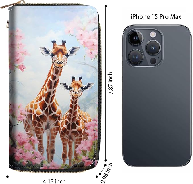 Women's Large Capacity Wallet PU Leather Zip Around Clutch Purse Multifunctional Wallet with Removable Wristlet Strap for Smart Phone/Coin/Card/Cash, Giraffe