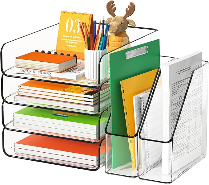 FANXIYQ 4-Tier Acrylic Paper Tray Organizer with Bookends, Clear Stackable Letter Tray Organizer for Desk, Acrylic File Organizer & Office Paper Organizer, Desk Accessories for Home Office