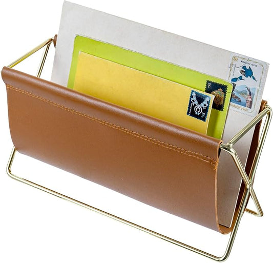 MyGift 10 Inch Mid Century Caramel Leatherette Mail Sorter Letter Holder Rack with Brass Tone Metal Frame, Faux Leather Sling Style Office Desk Card Envelope Organizer Stand