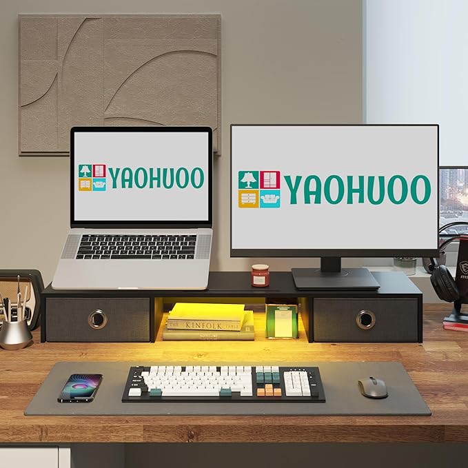 YAOHUOO Dual Monitor Stand with LED Light 2 Drawers, Computer Monitor Riser for 2 Monitors, Large Desktop Organzier with Storage for PC/Laptop/Computer/TV Screen/Printer