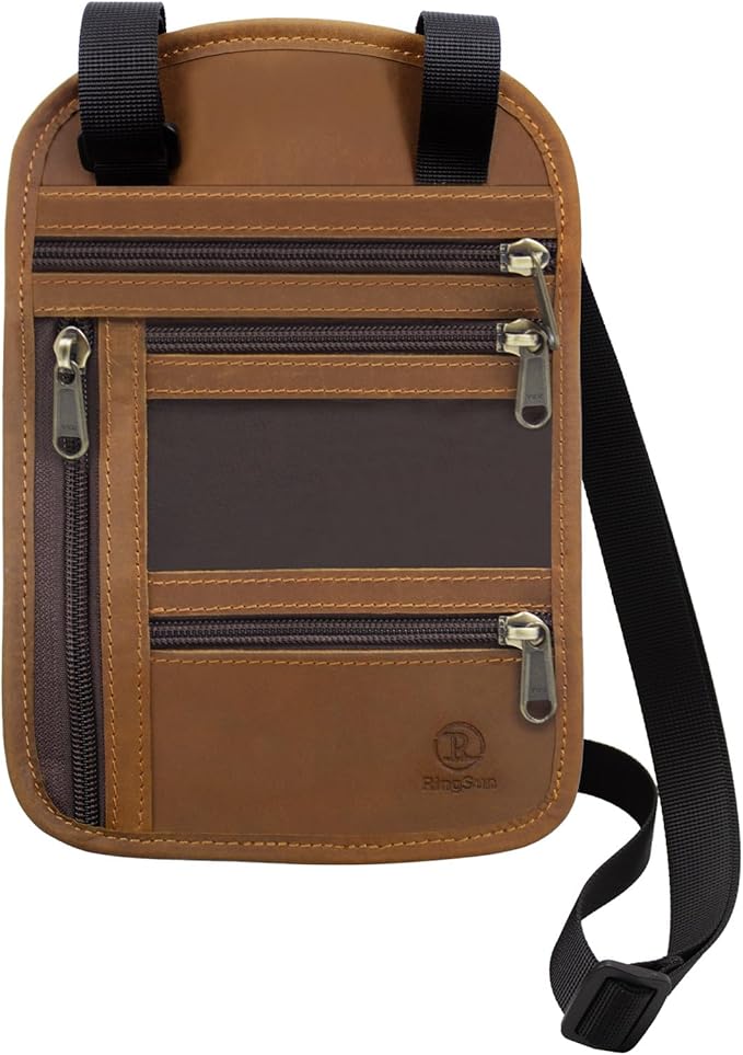Ringsun Genuine Leather Passport Holder For Travel, RFID Blocking Slim Neck Wallet with Adjustable Strap for Women and Men, Travel Essentials to Keep Cash, Credit Cards and Documents Safe, Brown