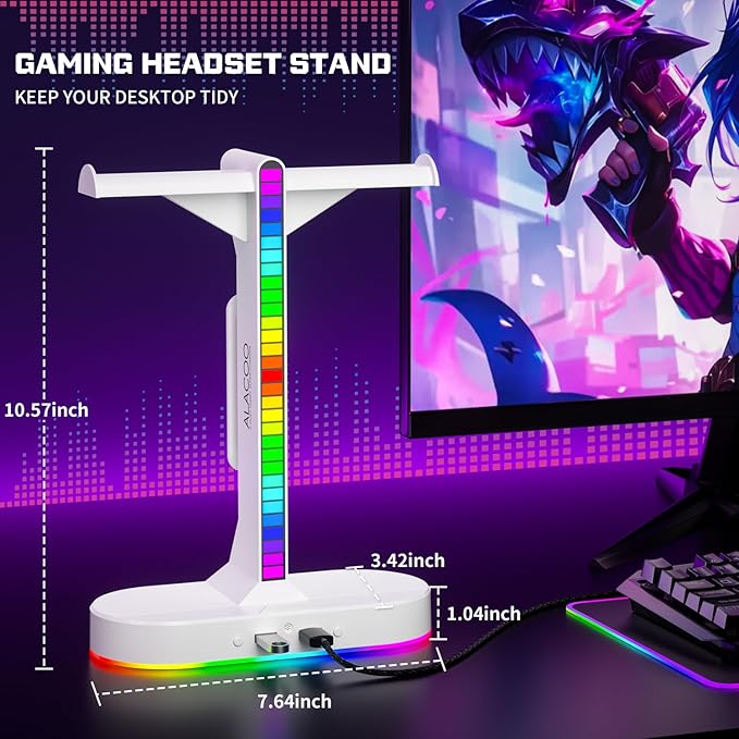 Cool RGB Headphone Stand with Charging Station - Sleek Dual Headset Holder, 3 USB Ports & 3.5mm Audio, 8 Light Modes | Ultimate Gaming Gift for Men, Boyfriend, Teen Boys - Modern White Design