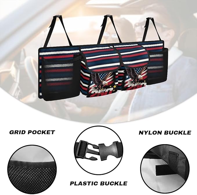 Eagle Flag Hanging Car Organizer Backseat Hanging Storage Bag with 4 Pockets & 3 Adjustable Straps Large Capacity Cars Trunk Organizer Suitable for Most Cars,SUV,Sedan