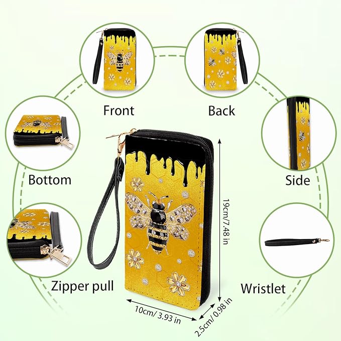 Bee-Themed Wallet for Women - Slim PU Leather Womens Wallet with Cash Zipper Coin Purse, Small Credit Card Holder Travel Wallet, Wristlet Wallets for Female Ladies Teen Girls Purse (Bee Lovers Gift)