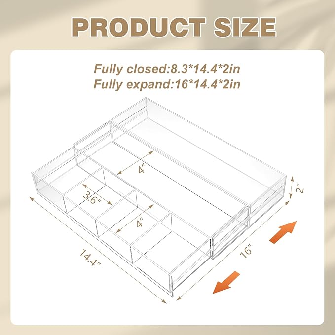 Briwooody 1 Pcs Acrylic Desk Drawer Organizer 12'' up to 16'' x 14.5'' x 2.2'' Expandable Drawer Organizer Trays with 7 Adjustable Compartments Clear Desk Accessories for Makeup Office Bathroom