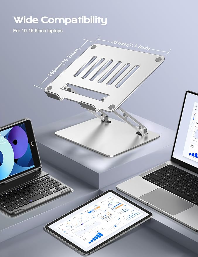 LOXP Adjustable Laptop Stand, Portable Laptop Riser, Aluminum Laptop Stand for Desk Foldable, Ergonomic Computer Notebook Holder for Desk, Office Desk Accessories (10-15.6'')- Silver