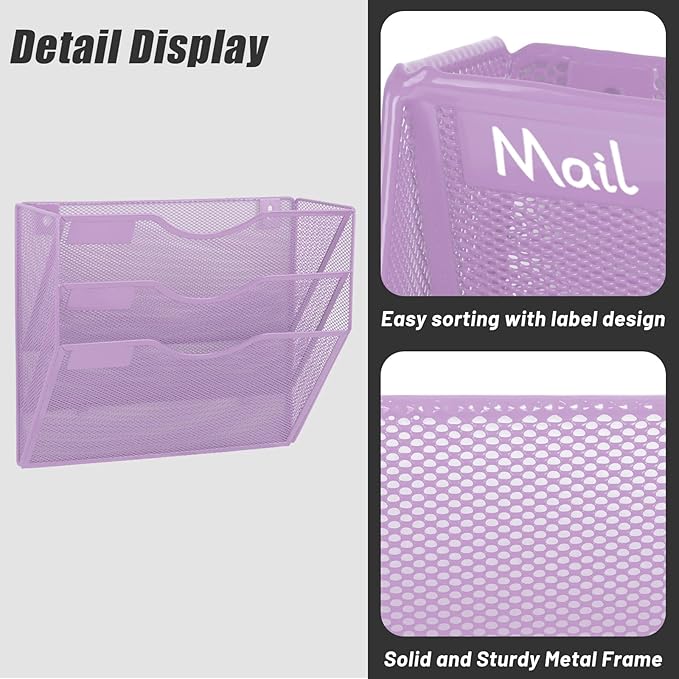 EASEPRES 3 Pocket Mesh Hanging Wall File Organizer, Wall Mounted Mail Paper Document Folder Holder, Clipboard Storage Organization Magazine Rack with Nametag Label for Office Home School, Light Purple