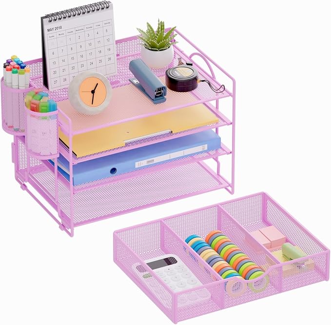 Marbrasse Desk Organizer and Accessories4-Tier Paper File Letter Tray Accessories & Workspace Desk Organizers with Drawer and 2 Pen Holders for School Home Office Supplies (Purple) 2Pack