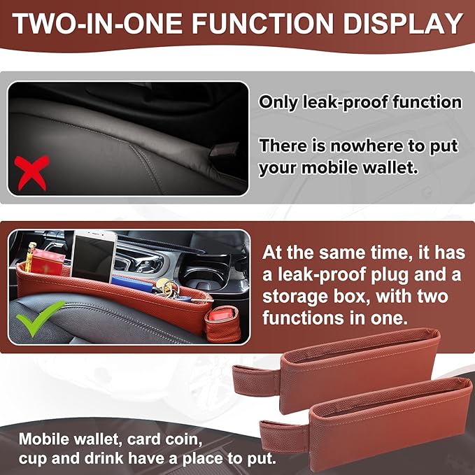 2 Pack Update Car Seat Gap Filler Organizer Leather Console Storage Box Front Side Pocket Seats Organizers Filler Interior Car Accessories for Phone Wallet Coin Key Sunglasses (Brown)