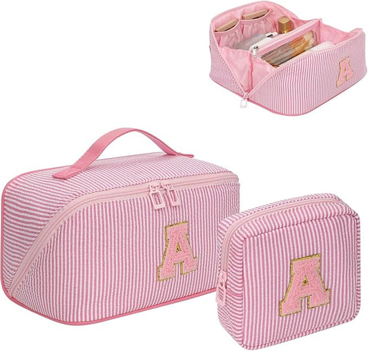 2026 Graduation Gifts - Travel Makeup Bag for Women, 2Pcs Portable Personalized Initial Makeup Organizer Bag, Open Flat Large Cosmetic Bag With Travel Essential Pouch (Pink Letter A)