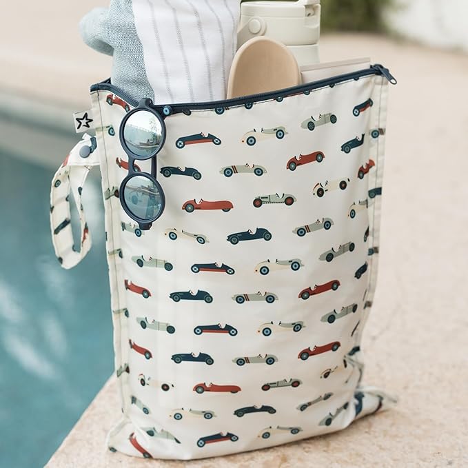 Tiny Twinkle Mess Proof Wet Bags | 2-Pack Reusable Waterproof Wet Bags for Swimsuits | Baby Clothes | Travel & Diaper Bag (Vintage Cars,Varsity Flags)