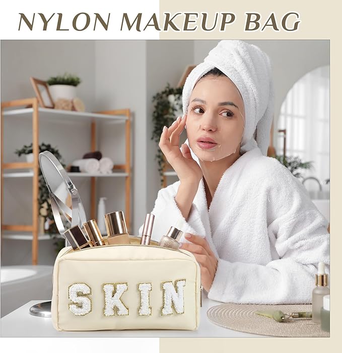 Cunno 4 Pcs Preppy Makeup Bags Chenille Letter Stuff Bag Nylon Cosmetic Pouch Cases with Zipper for Women Travel Toiletry