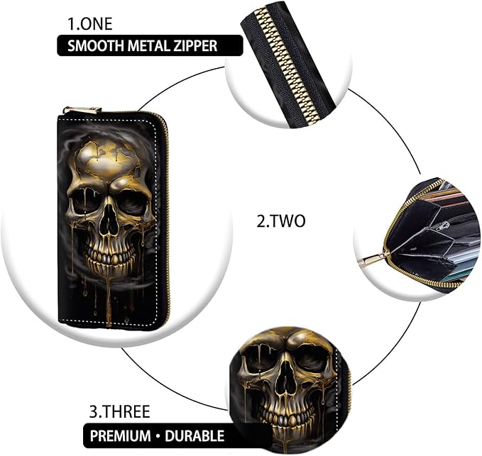 Women's RFID Blocking Zip Around Wallet with Detachable Wrist Strap, Large Capacity Credit Card Holder Organizer for Everyday Use,Funny Skull