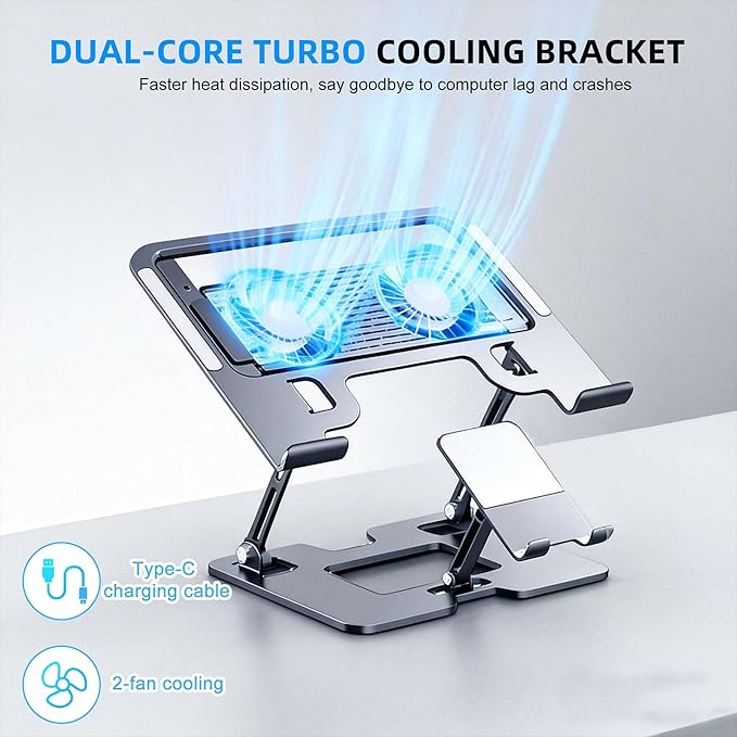 Ergonomic Foldable 2-in-1 Laptop Stand with Fans,Laptop Riser for Desk with Phone Holder,Computer Stand for Laptop,Sturdy and Portable Stand,Compatible with All Laptops and Phones Black
