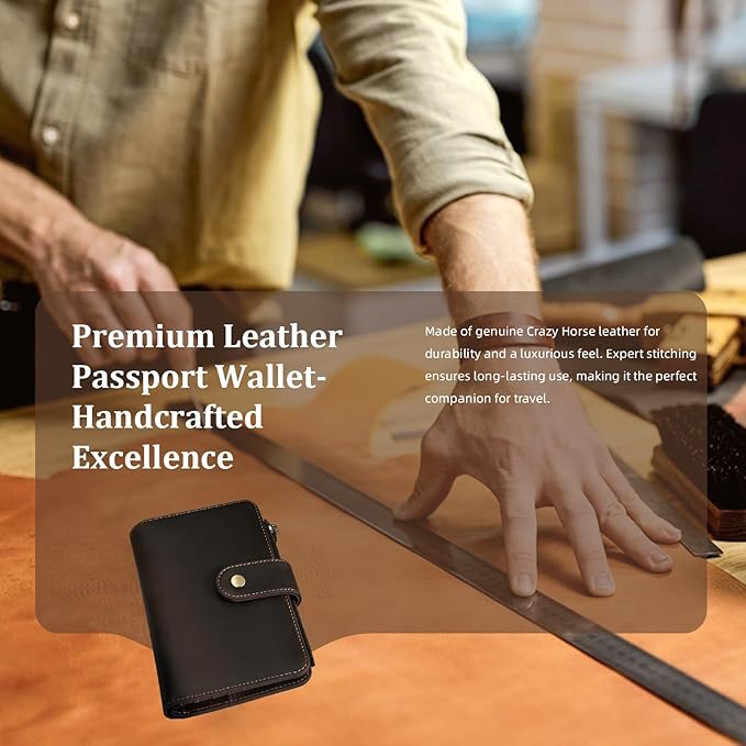 Genuine Crazy Horse Leather Passport Wallet, RFID Blocking Passport Holder with Tracker Slot, All in One Travel Wallet for Women/Men, Secure Passport Cover Case for Airport Essentials (Dark Brown)