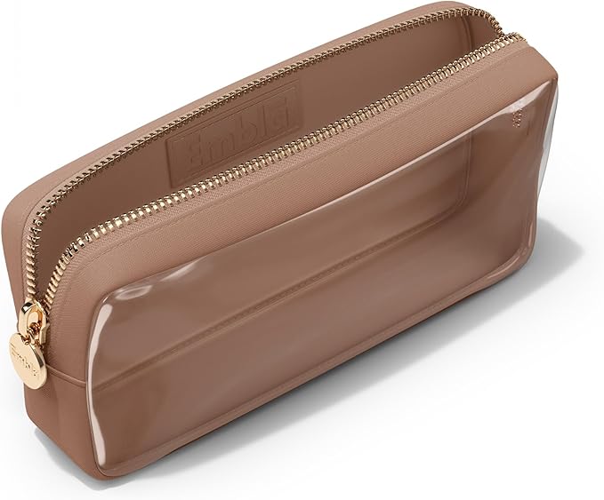 Embla Medium Clear Makeup Bag Travel for Toiletries Cute Make Up Nylon Organizer Pouches Quart Size Cosmetic Bags for Women Girls Zipper Toiletry Skincare Pouch Organizer for Purse Brown