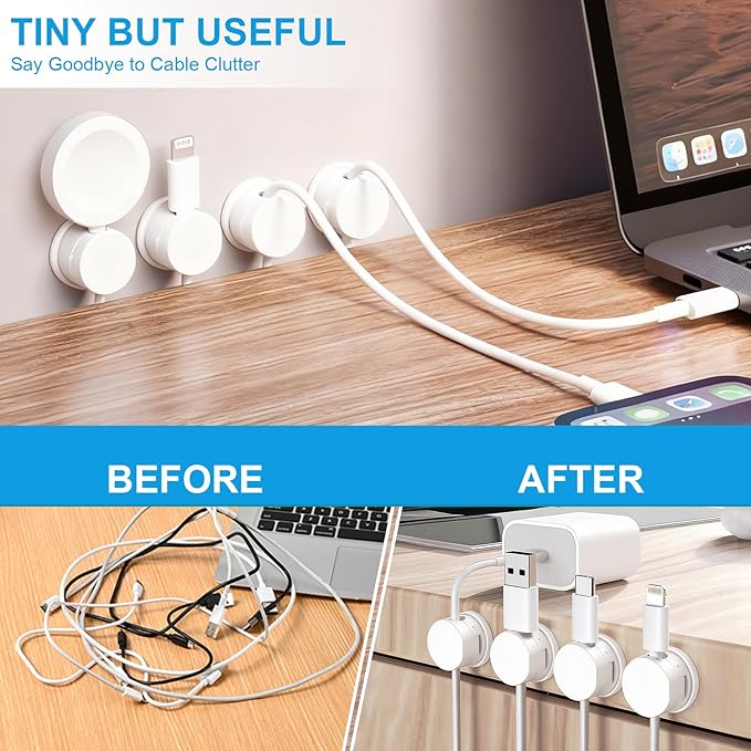 6pcs Magnetic Cable Clips, 360° Swiveling Adhesive Cable Organizer - Compact Cable Holder for Desk, Nightstand, Car, Kitchen & Home Office - Charger Cord Holder Solution by MarLigavid (White)