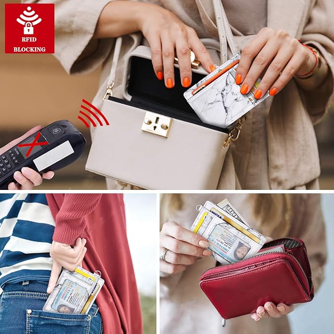 Coco Rossi Slim Front Pocket Wallet RFID Blocking Minimalist Credit Card Holder Wallet with D-Shackle for Women,White Marble